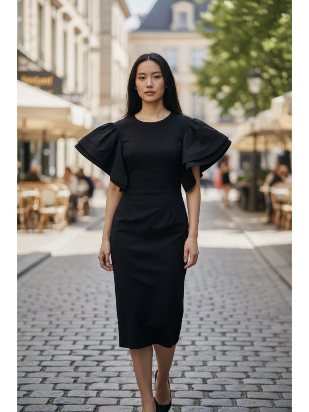Eien Large Flutter Sleeve Midi Dress Black Size S Minimalist Career Quiet Luxury